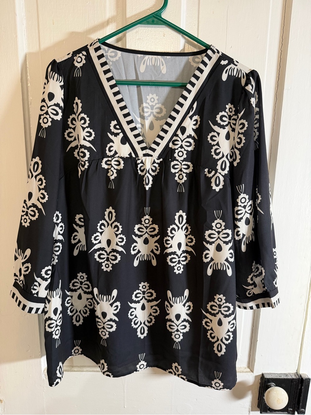 Geometric Boho Black & White 3/4 Sleeve Blouse | V-Neck and Sleeve Accents.